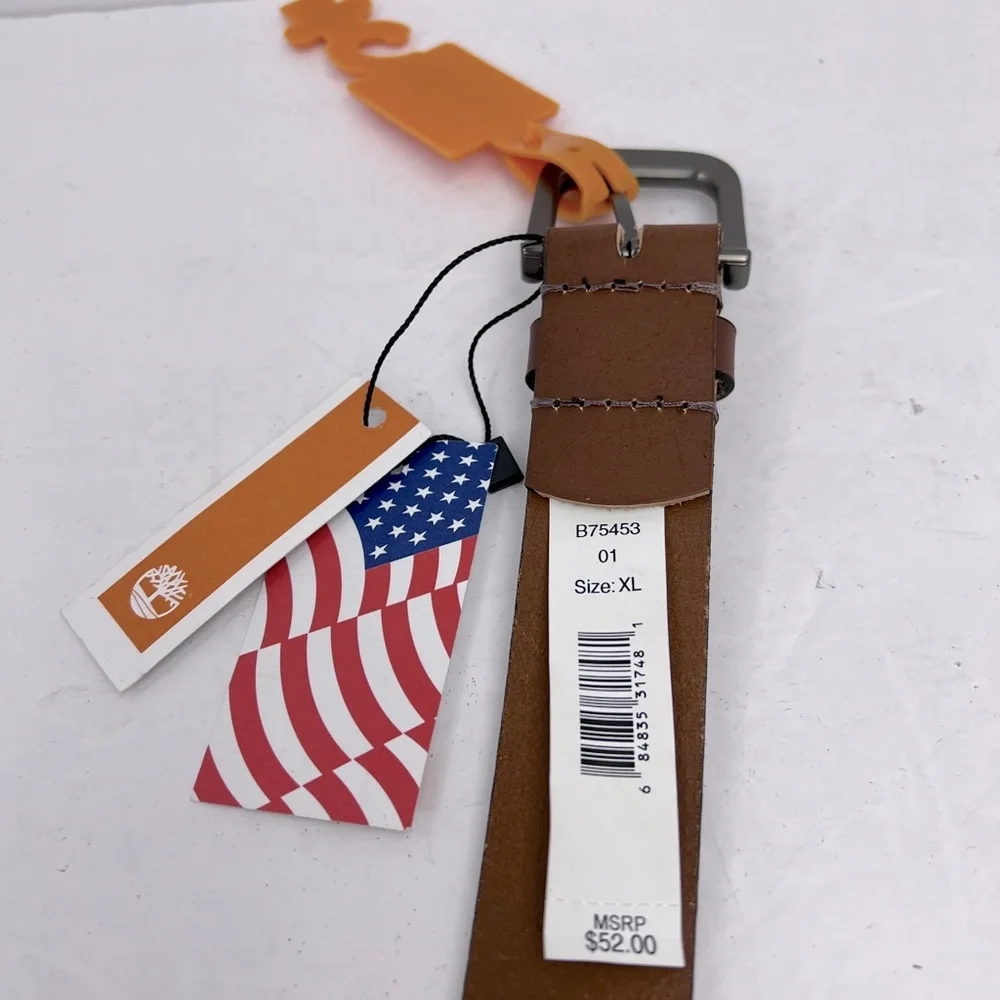 TIMBERLAND MEN’S BELT, BROWN COLOR, LEATHER WITH MAT METAL BUCKLE, SIZE XL 42/44